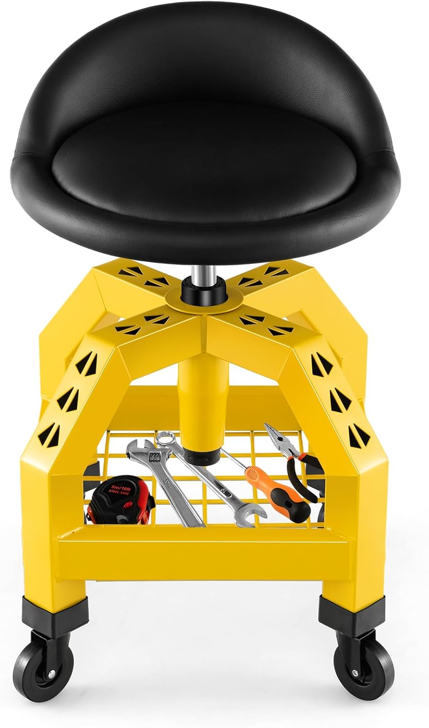 S AFSTAR Shop Stool with Wheels, Height Adjustable Garage Stool with 4 Universal Wheels & Tool Tray, 330 LBS Capacity, Heavy Duty Creeper Chair Seat Rolling Mechanic Stool for Garage Workshop (Yellow)