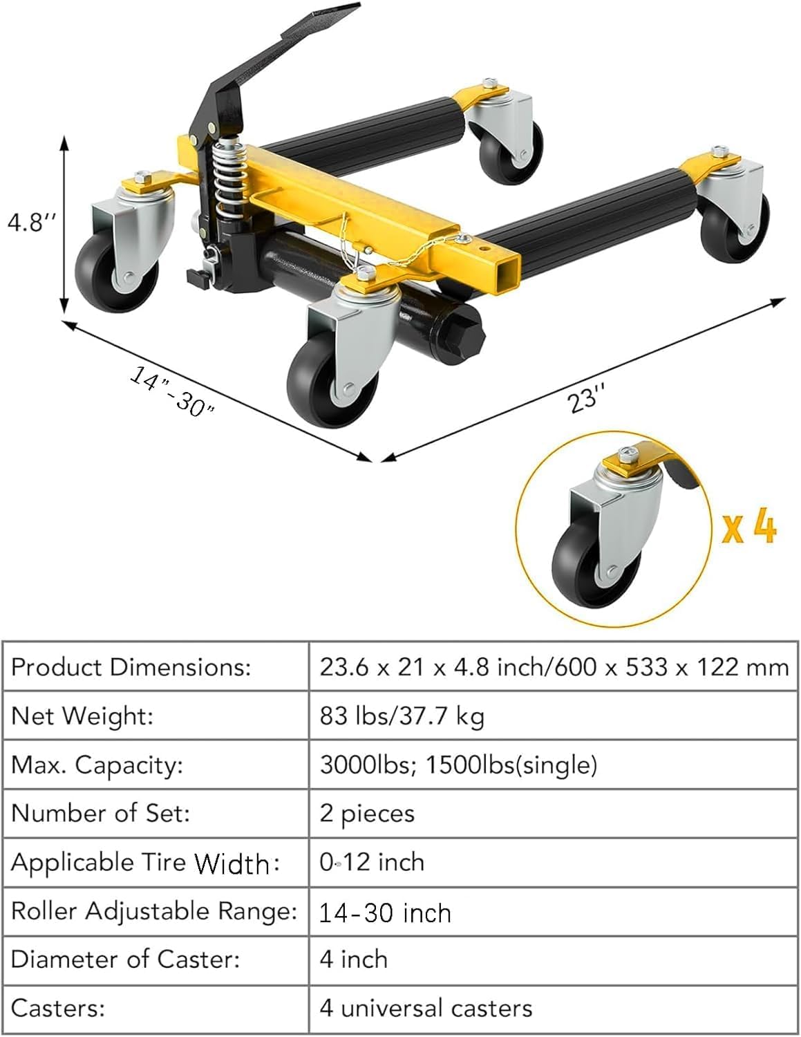 3000LBS Car Wheel Dolly Jack Set of 2, Hydraulic Tire Jack with Foot Pedal, 12'' Wheel Vehicle Positioning Skates for Auto Repair, Tire Moving, Garage, Car Trailer & Vehicle Lift