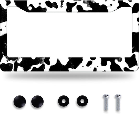 Black White Cows Texture License Plate Frame Animal Cowhide Print License Plate Stainless Steel Funny License Plate Holder Accessories Car Decoration with Screws Fits Standard Vehicles Size12.3 x6.3