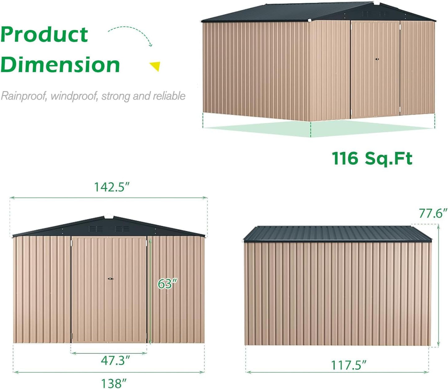 U-MAX 10' x 12' Outdoor Storage Shed Clearance, 10x12 Large Metal Garden Shed Yard Steel Shed with Design of Lockable Doors, Tool and Utility Storage for Backyard, Garden, Patio, Outside use Taupe
