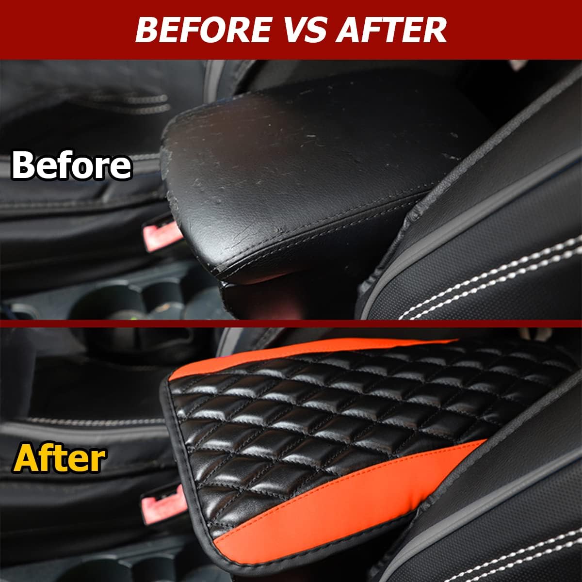 Car Center Console Cushion Pad, Universal Leather Waterproof Armrest Seat Box Cover Protector,Comfortable Car Decor Accessories Fit for Most Cars, Vehicles, SUVs (Orange)