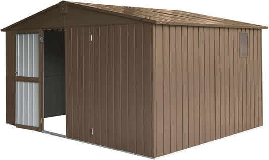 IKERY Large Galvanized Steel Storage Shed - 11' x 9' with Windows and Lockable Door, Outdoor Garden and Utility Tool Shed for Backyard and Patio, Brown