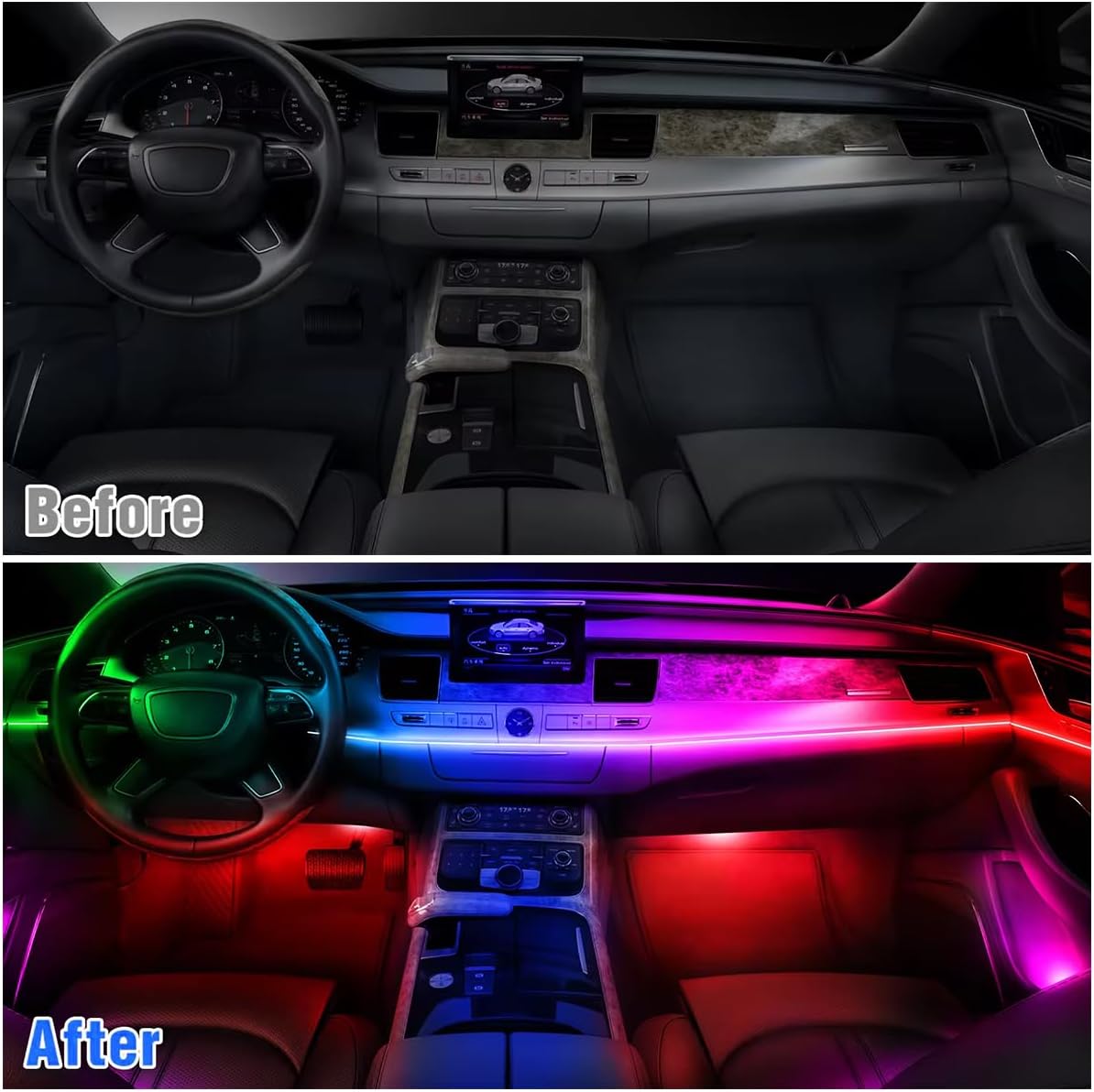 Acrylic Interior Car LED Lights with Wireless APP/Remote/Button Control, 6 in 1 Dreamcolor USB Car Ambient Lighting Kit 16 Million Colors Neon Strip Accessories for Vehicle Inside Decoration