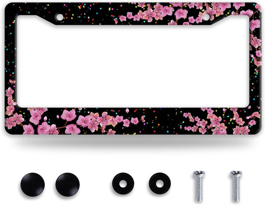 Cherry Blossom License Plate Frame Beautiful Flowers License Plate Frames Stainless Steel Accessories Cars Decor With 2 Holes And Screws Fits Standard Us Ca Vehicles License Plate Holder 12.2 X 6 Inch