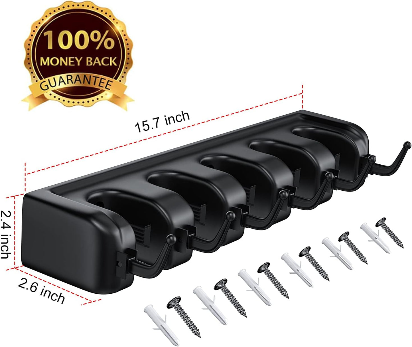 LETMY Broom Holder Wall Mount - Mop and Broom Hanger Holder - Garage Storage Rack & Garden Tool Organizer - 5 Position 6 Hooks Broom Rack for Home, kitchen, Garden, Tools, Garage Organization - Black