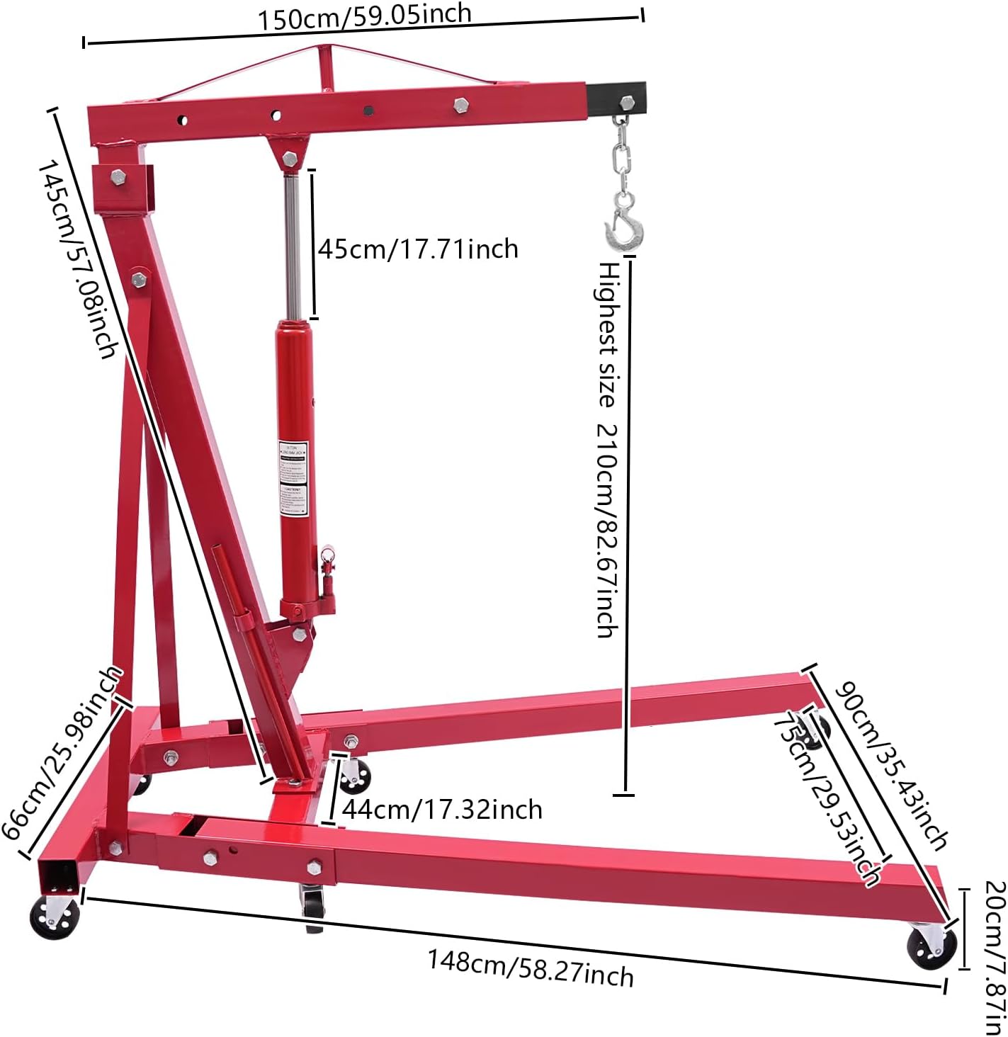 Folding Engine Crane 1 Ton Folding Engine Hoist 2200lbs Hydraulic Crane with 6 Iron Caster Wheels for Garage, Workshop (Red)
