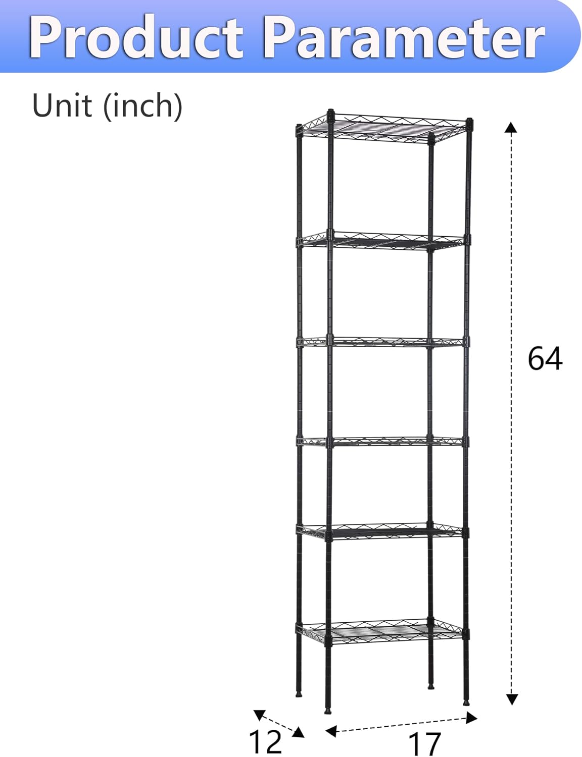 BestOffice Metal Garage Shelving 6 Tiers Garage Storage Shelves Heavy Duty 17”D x 12”W x 64”H Easy Assemble Wire Shelving NSF Certified Storage Shelves with Levling Feet for Home Garage Office, Black