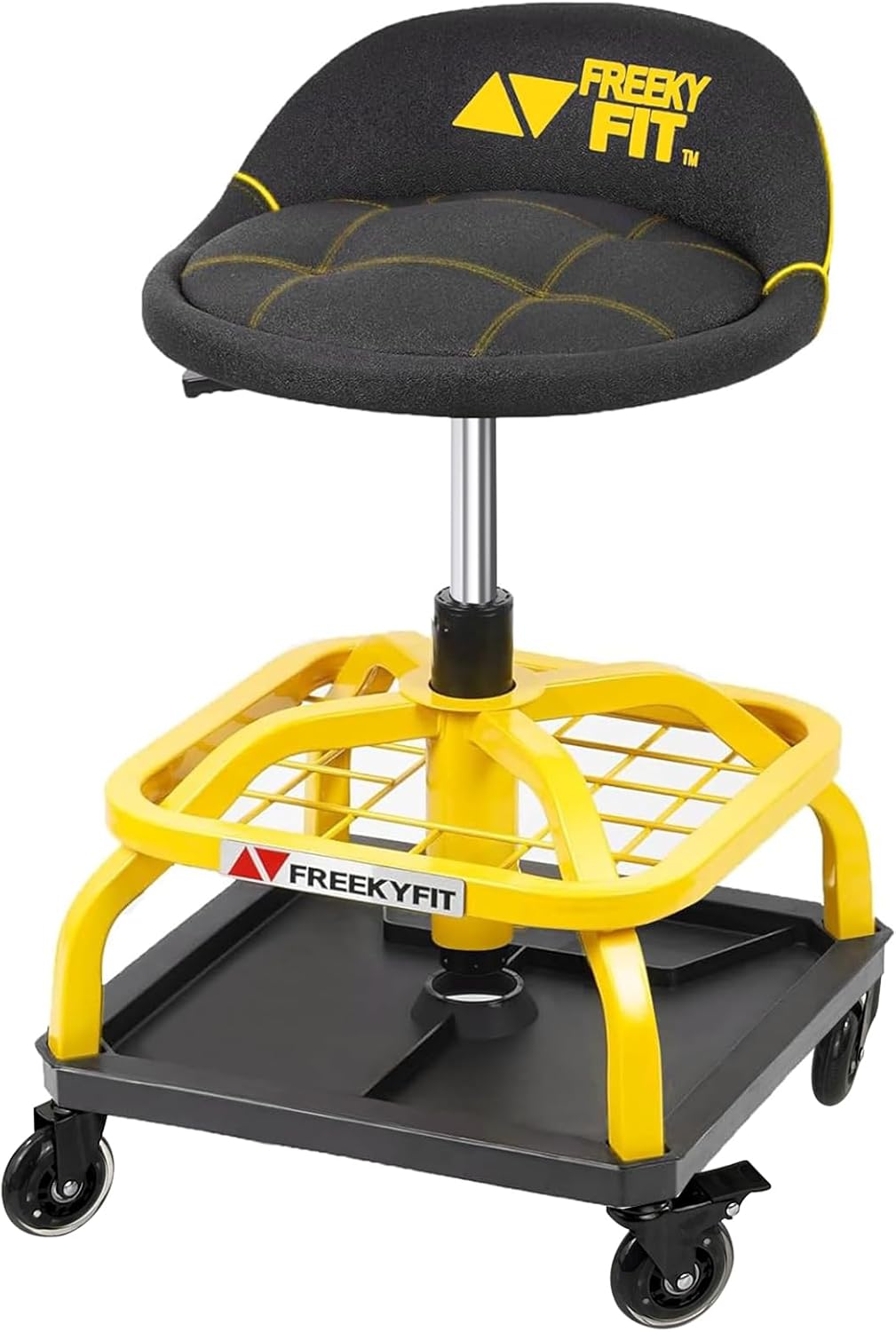 Rolling Shop Stool with Wheels, Garage Work Mechanic Stool with Backrest, Roller Mechanic Chair, Adjustable Height, 360° Swivel, Tool Tray Storage, 330 LBS Capacity, Heavy Duty, Yellow
