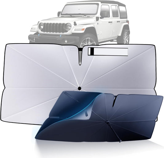Windshield Sun Shade Umbrella for 2018-2025 Jeep Wrangler JL Accessories: Custom Fit 240T Silver, Double Thickened Foldable Sunshade Window Sun Visor, Ultimate 99% UV Blocking for Sport/Sahara/Rubicon