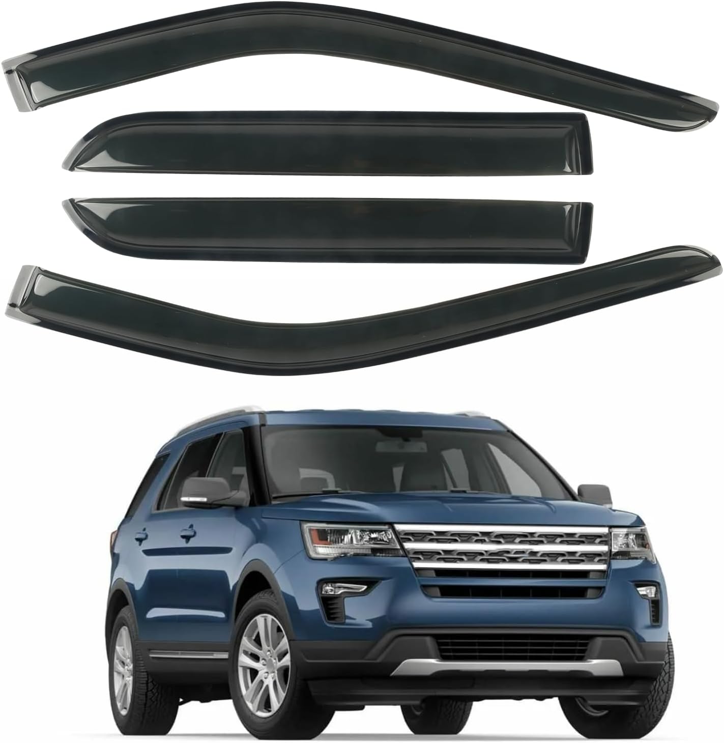 4PCS Rain Guards Window Visor Fit for 2011-2019 Ford Explorer, Tape-on Wind Deflector Shade, Outside Mount Vent Visor Shields, Smoke Tinted, 2012 2013 2014 2015 2016 2017 2018