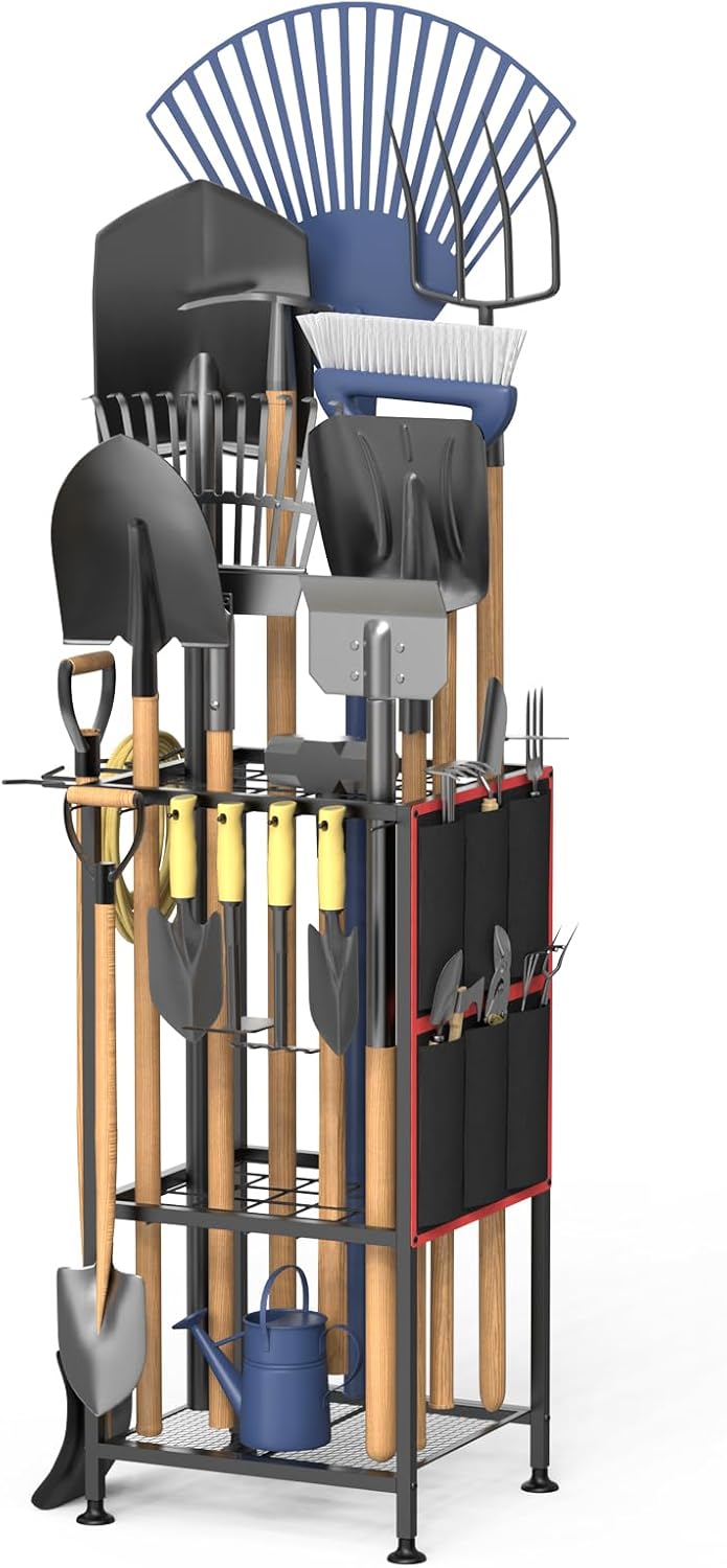 Garden Tool Organizer,Metal Yard Tool Organizer,Holds 50 Long-Handled Tools/Rakes/Brooms,Side Garden Pocket,Heavy Duty Steel Yard Tool Storage Rack for Garage,Shed, Outdoor