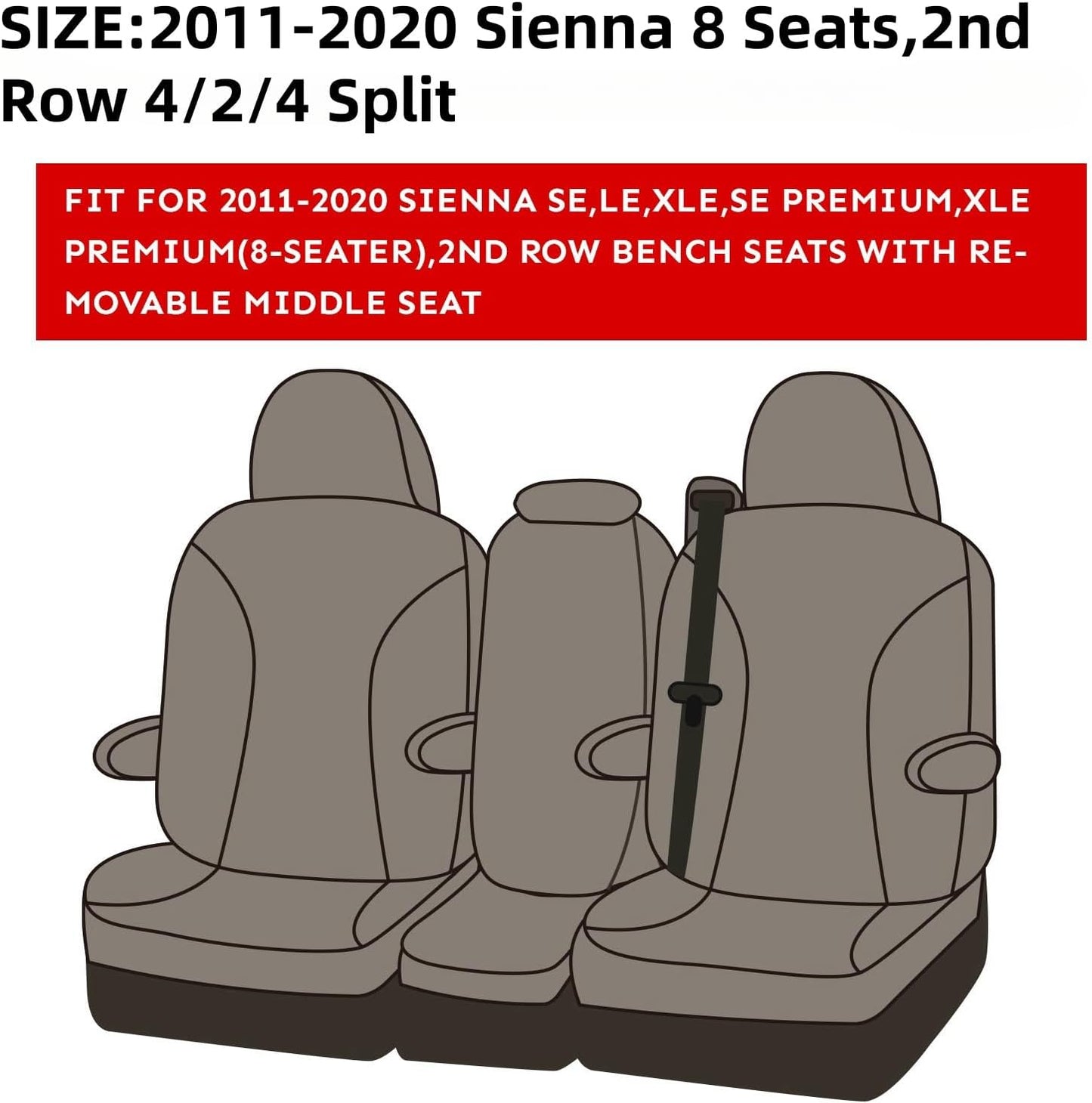 EKR Sienna Seat Covers for 2011-2020 Toyota Sienna LE,XLE, SE,XLE Premium 2nd Row 4/2/4 Split,8 Seats,Waterproof Car Seat Cover Full Set,Car Seat Protectors- Three Row,Neoprene (Black)