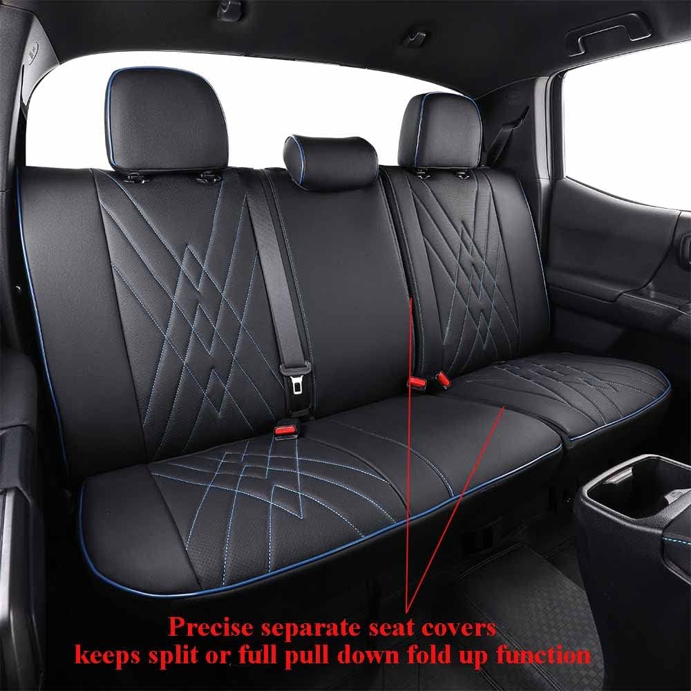 EKR Custom Fit Tacoma Car Seat Covers for Select Toyota Tacoma 2016 2017 2018 2019 2020 2021 2022 2023 Double Cab/Crew Cab -Full Set,Leather (Black with Blue Trim)
