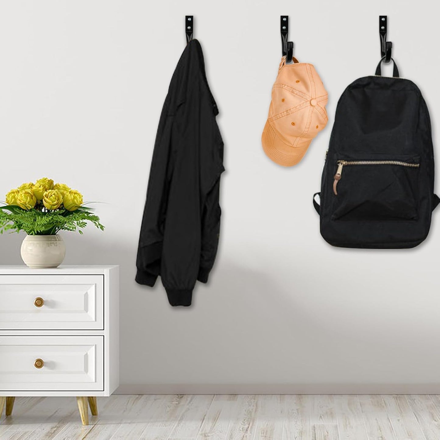 KURUI Metal Wall Hooks for Hanging Heavy Duty, 6Pcs Garage Organization and Storage Hook for Extension Cord Tool Coat Backpack Bag, Large Utility J Hooks, Black Wall Mount Hanges for Outdoor Indoor