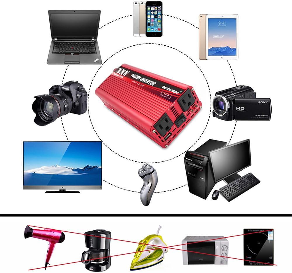 1000W/2000W(Peak) DC 12V to 110V/120V AC Power Inverter Converter with 3.1A USB Car Adapter and Cigarette Lighter for Car Home Laptop Truck