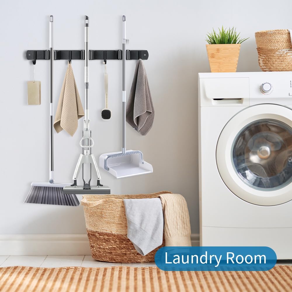 Broom Hanger and Mop Holder, Heavy Duty Garden Tool Organizer Rack Rake and Shovel Handle, Stainless Steel Wall Mounted Utility Rack with Screws (3 Racks with 4 Hooks, Matte Black).