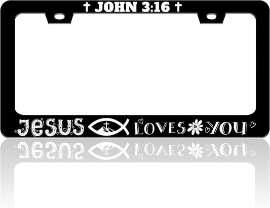 John 3:16 License Plate Frame Jesus Loves You License Plate Holder Christian Cross for Front or Rear Car Tags Stainless Steel Funny Car Decoration with Screws 6.3 X 12.2 in
