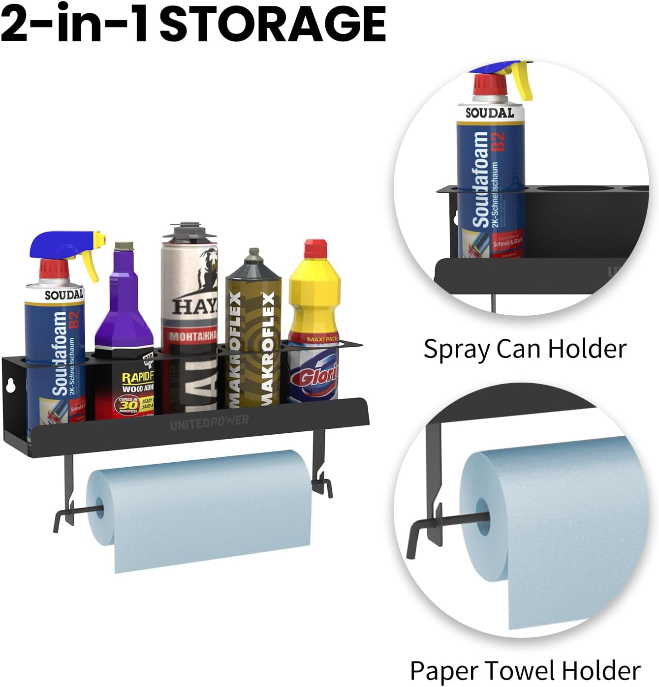 UNITEDPOWER 5 Aerosol Spray Can/Paper Towel Holder, Paint Bottle Storage Rack, Steel Wall Mount Shelf, Tool Organizer for Garage, Craft Workspace and Home