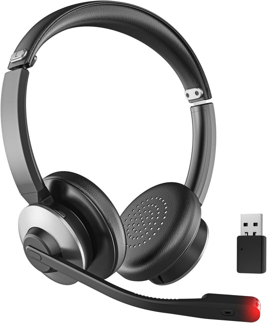 Bluetooth 5.3 Headset, Wireless Headset with Mic for Work, Wireless Headphones with Mic Noise Cancelling & USB Dongle, 26H Working Time & Mute Function, Fit for PC/Laptop/Office/Call Center/Zoom/Home