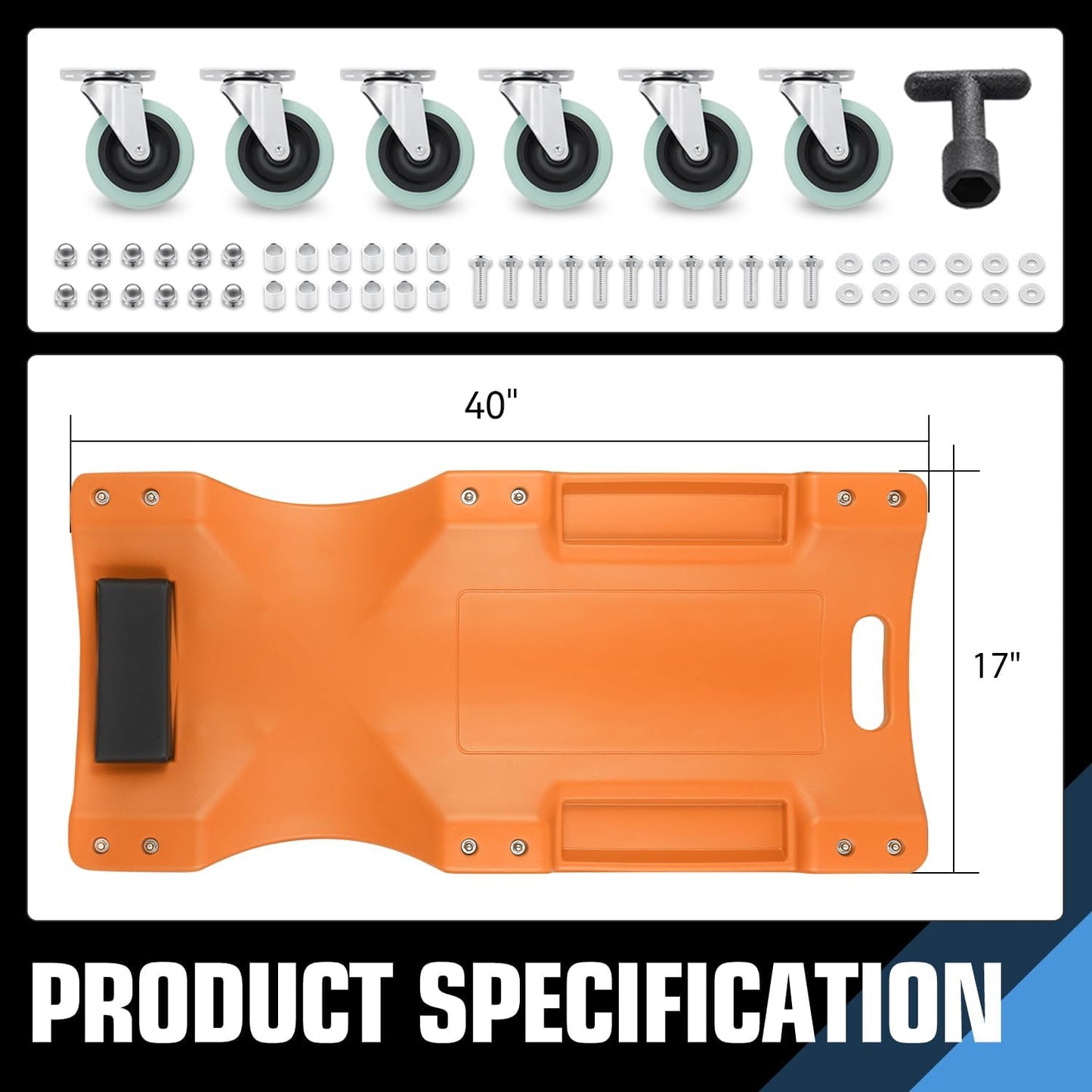 DNA MOTORING 40" L X 19" W Vehicle Repair Low Profile Plastic Rolling Garage Shop Creeper with Padded Headrest,Tool Trays & 6pcs Casters, Orange, TOOLS-00217-OG