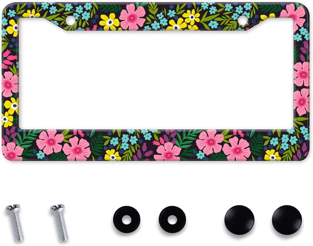 Floral License Plate Frame, Flowers License Plate Holder Covers, Metal Aluminum Rustproof Car Accessories for Us Canada Standard Women Men 2 Holes with Screw Caps