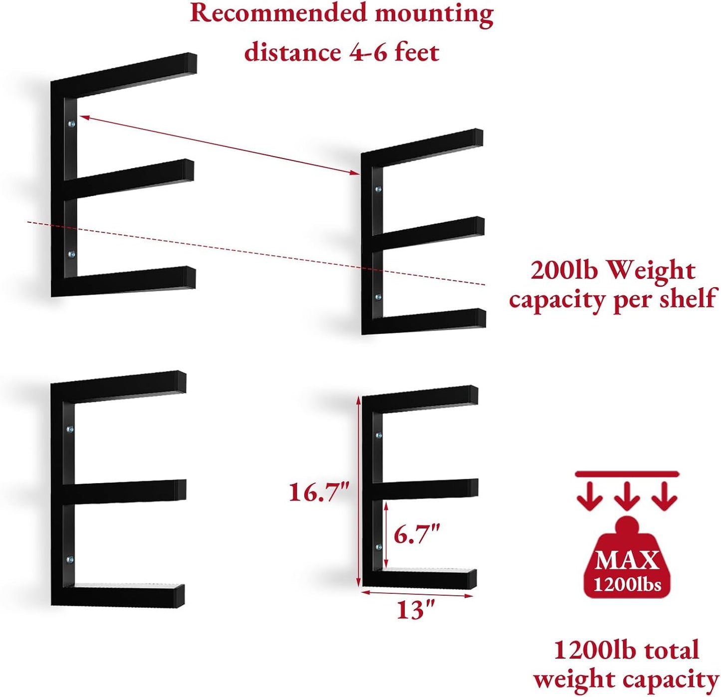 Lumber Storage Rack Wall Mount, Heavy Duty Metal Wood Organizer with 6-Level Each Shelf Holds Up 200 Lbs, Indoor & Outdoor Use - Black