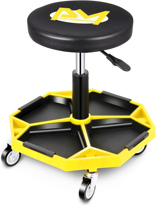 PM PERFORMOTOR Adjustable Height Pneumatic Garage Seat Rolling Mechanic Stool with Tool Tray Storage,300lbs Max Weight Capacity, Yellow,PM-TOL-ATS-YL