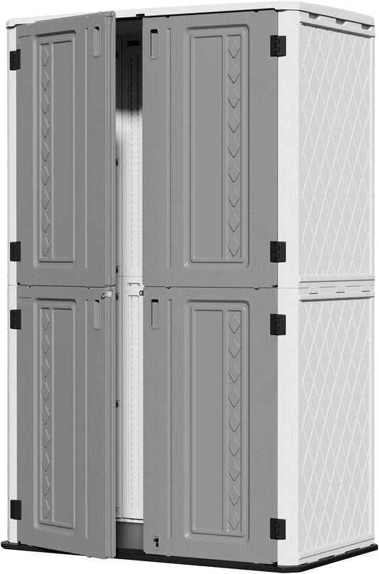 ZZM 67 Cuft Vertical Outdoor Storage Shed Diamond Texture Resin Outdoor Cabinet, 4x6 Sheds FT for Garden, Patio, Backyard, All-Weather Plastic Storage Clearance, Lockable with Floor (Grey-White)