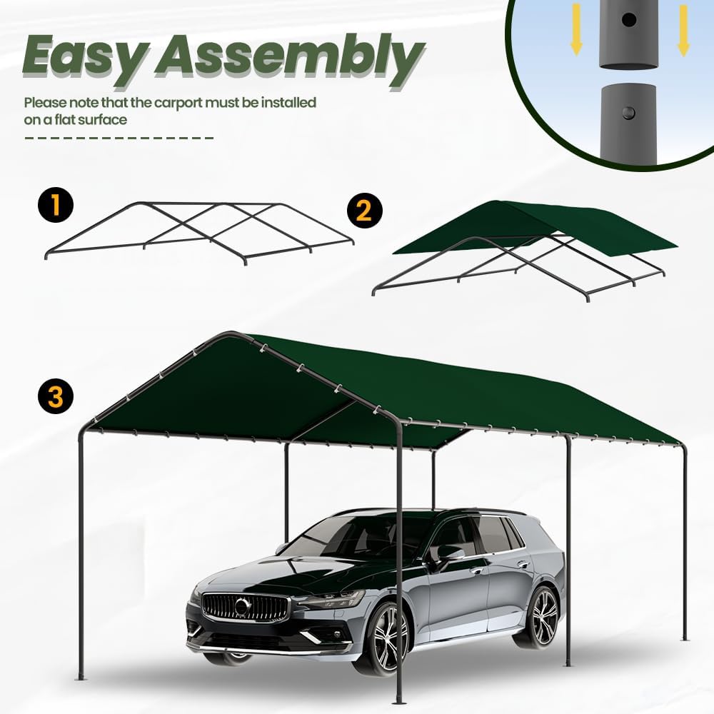 GOJOOASIS 10x20 Carport Heavy Duty Portable Garage Shelter Metal Car Canopy Tent with UV-Resistant & Weatherproof Top Cover for RV & Vehicles (Green, 10x20 Without sidewalls)