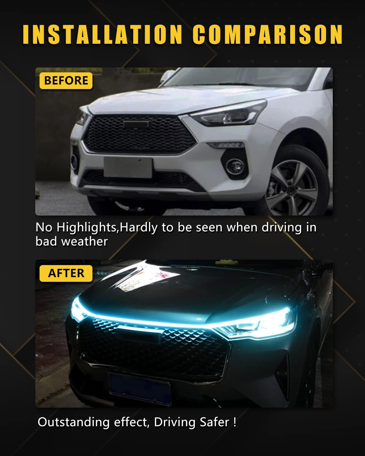 YM E-Bright Led Hood Light Strip Exterior Led Strip Lights for Cars Waterproof Flexible DRL Dynamic Scan Start Up Hoodbeam Kit Daytime Running Light for Truck,SUV,12V 70inch,Ice Blue,1 Set