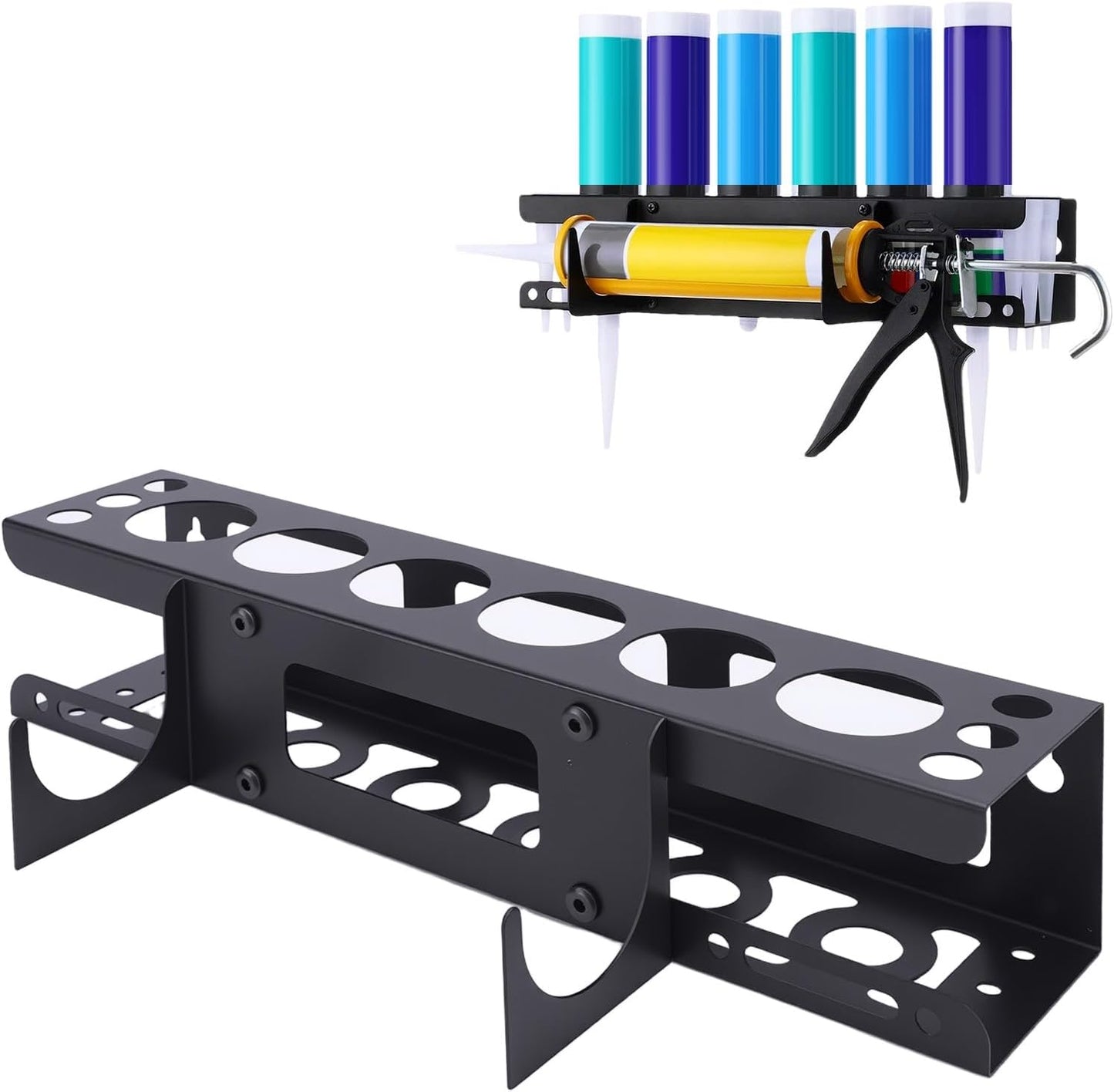 Caulking Tool Holder,Caulking Tool Storage Rack,Wall Mounted Caulk Tube Holder Sealant Organizer with 6 Tube Slots and 6 Nozzle Slots for Garage Workshop Shop