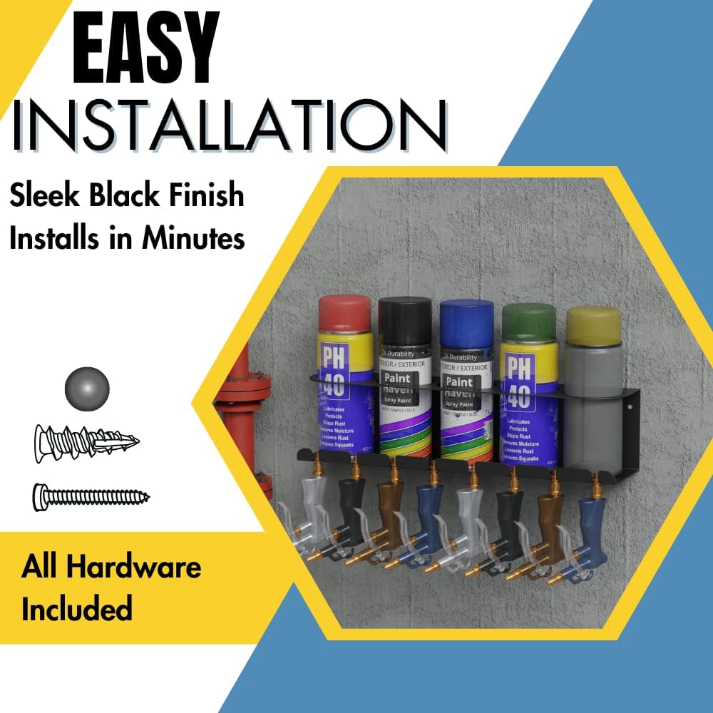 Koova Wall Mount Air Tool Holder with 5 Aerosol Can Storage - Durable Metal Construction - Made in USA - Includes Hardware for Garage & Workshop Organization