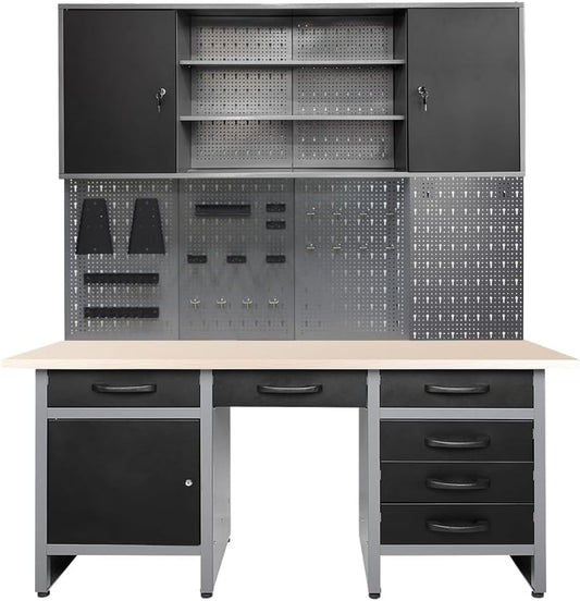 JZD Metal Storage Organization System, Wall Mount Tool Cabinet, Wood Tabletop, for Garage Workshop Utility Room