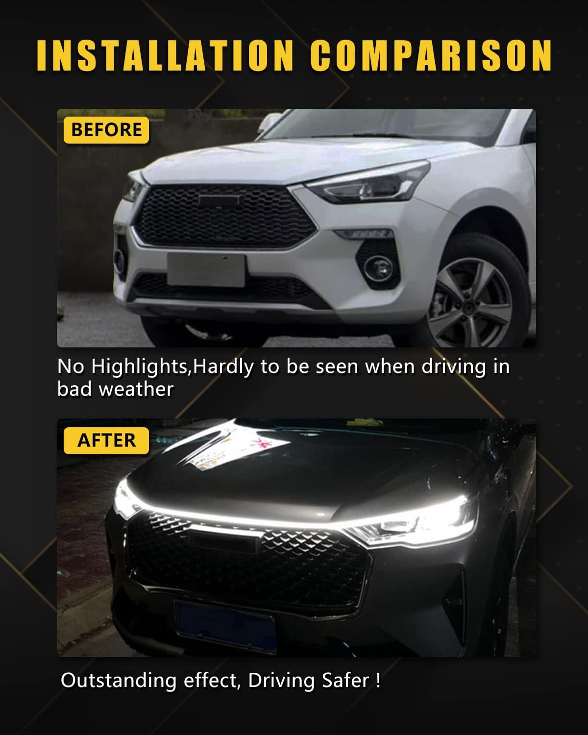 YM E-Bright Exterior Led Lights for Car Hood Light Strip Waterproof Dynamic Scan Start Up Hoodbeam Kit Neon Knight Rider Led Scanner Daytime Running Lights for Cars,Truck,SUV,12V White 79inch,1 Set