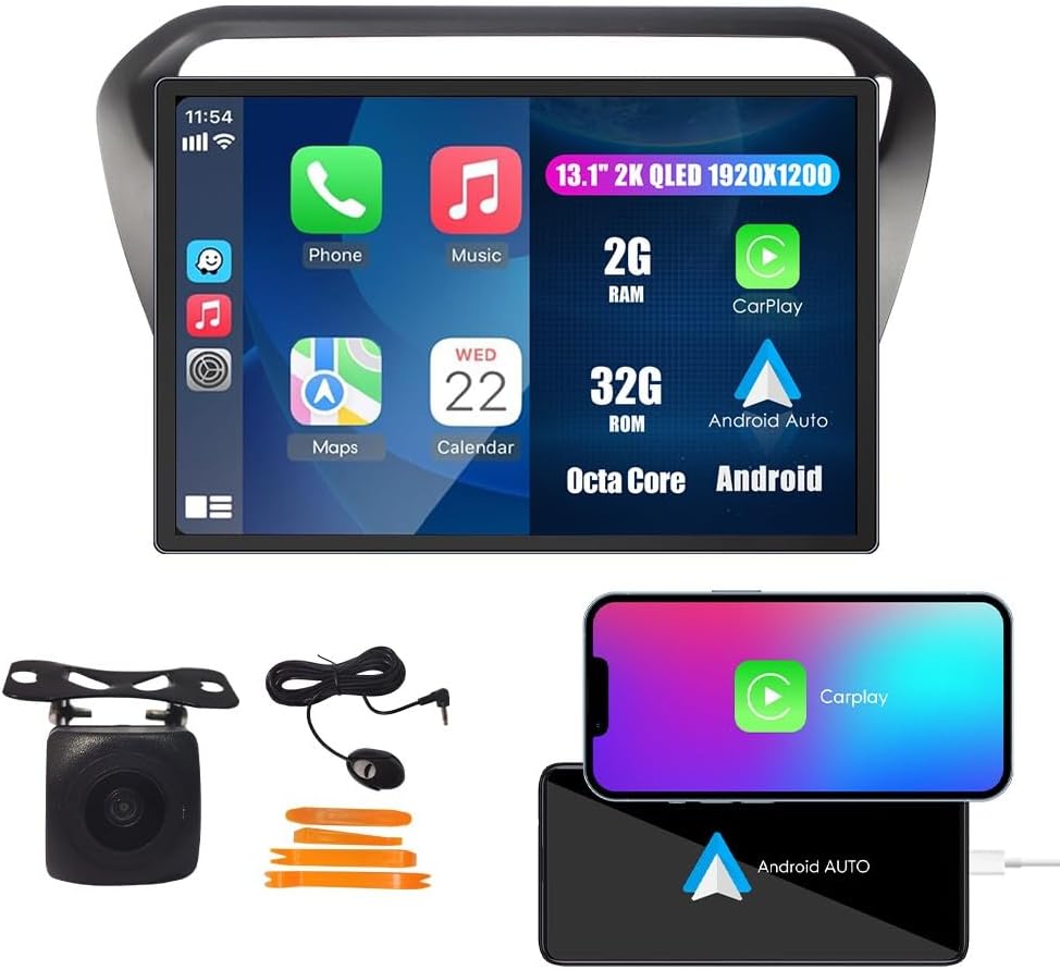 Kunfine Car CarPlay Android Auto Navigation Stereo GPS Radio Camera Display 13.1" QLED Touchscreen Headunit Tablet Media Player for Peugeot 301 2013-2022, if Applicable Octa Core 2G+32G Matte Black