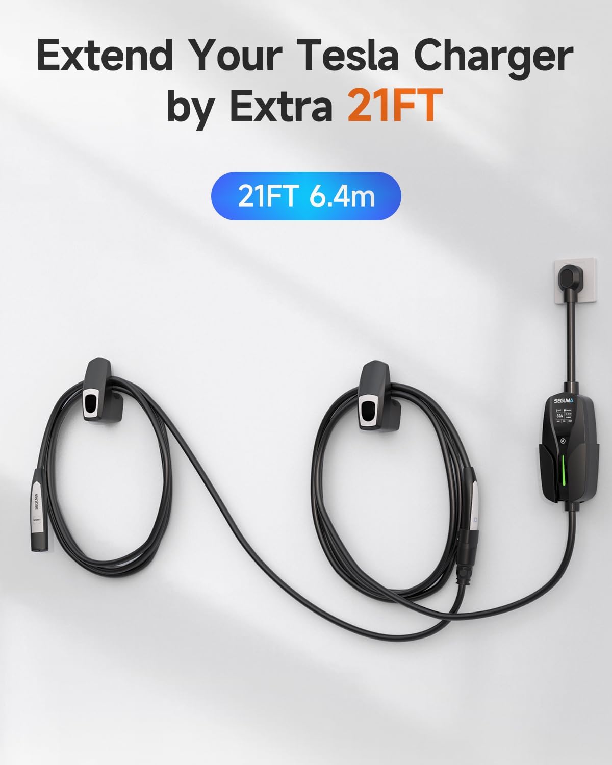 32A EV Charger Extension Cord for Tesla Charger, 21ft EV Extension Cable for Level 1/2 Tesla Home Chargers/Tesla Wall connectors, Max 240V 7.68kW NACS Extension Cable for Tesla Y/X/3/S/Cyber-truck