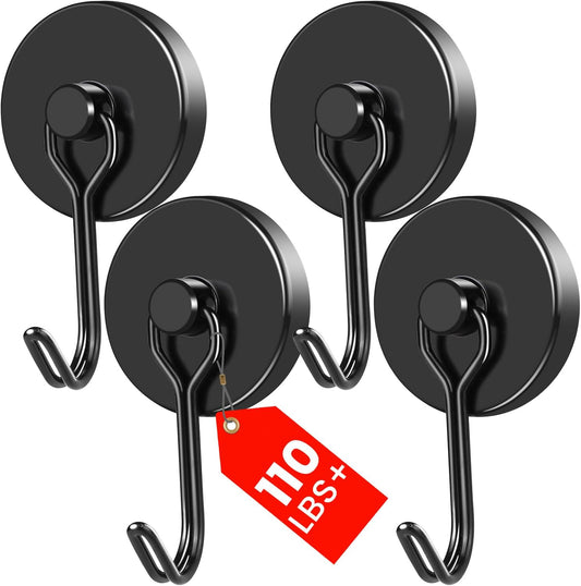 MIKEDE Black Magnetic Hooks Heavy Duty, 110LB Swivel Swing Strong Magnetic Hooks Cruise,Neodymium Hook Magnets for Hanging, Home, Workplace, Metal Door, Office and Garage - Pack of 4