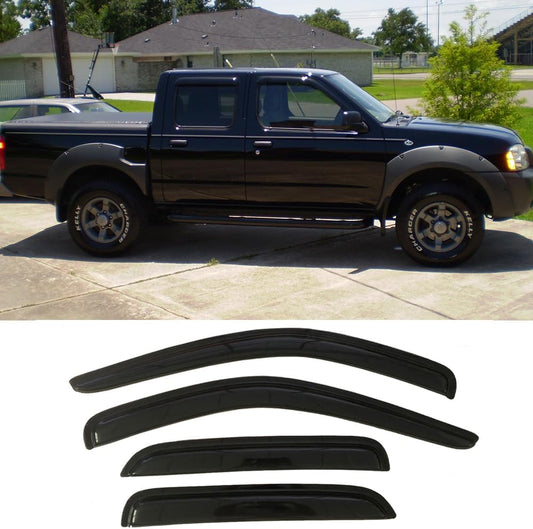 94627 Side Window Visor Wind Vent Deflector fit for 2000-2004 Nissan Frontier Crew Cab with 4 Full Size Doors,4pc Outside Mount Style Nice Sun Rain Guards Set