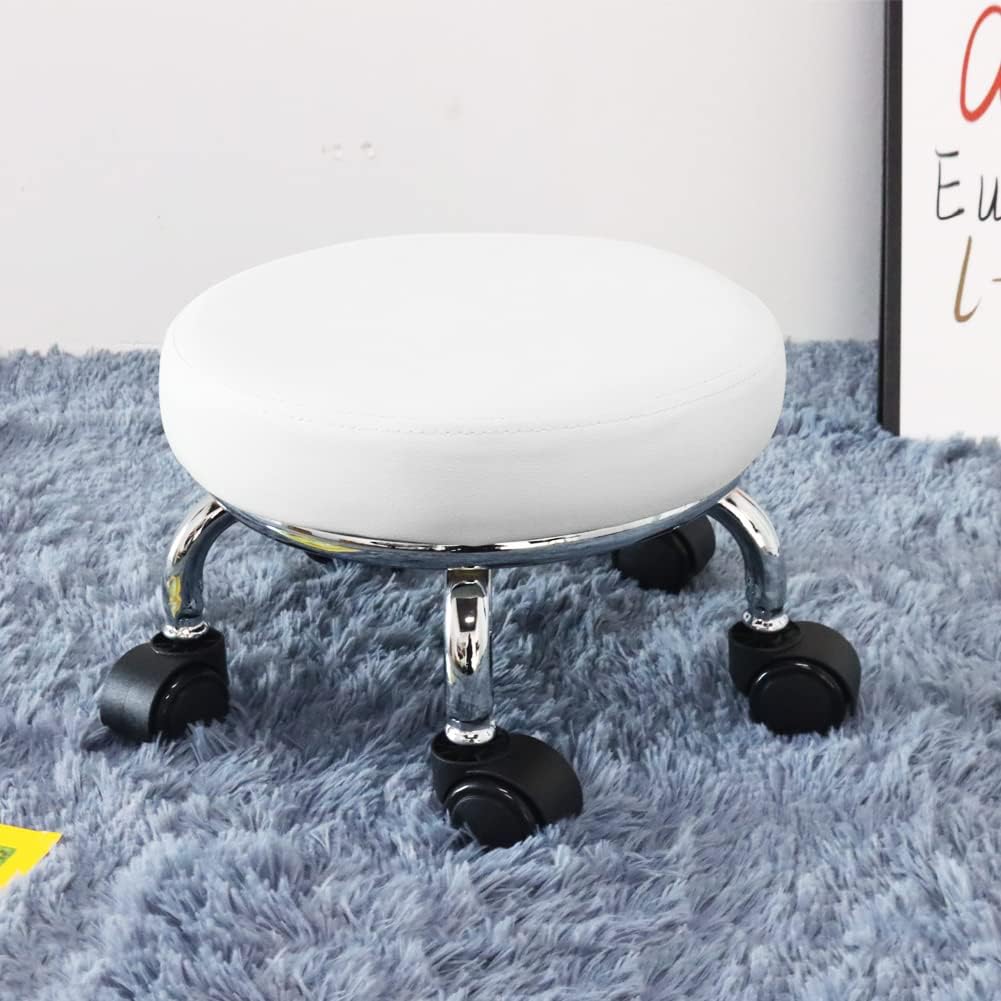 Modern Roller Seat PU Leather Low Round Rolling Stool 360 Swivel Small Stool with Universal Caster Wheels for Home Office Garage Shop Fitness Sport H8.6" (White)