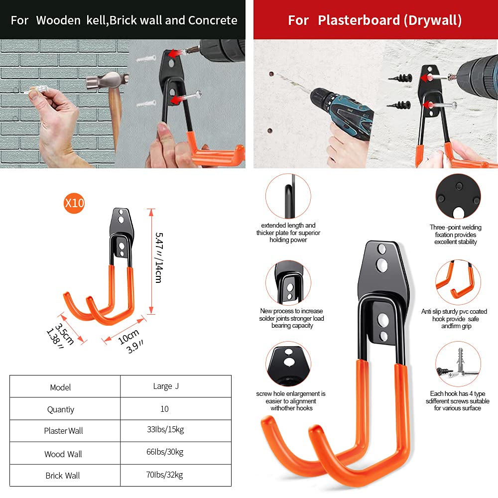 3-H Heavy Duty Garage Hooks [10 Pack] - 3-Round Welding Tech Holds 22lbs More - Thickened Steel Wall Mount for Ladders, Tools & Storage - Rustproof Utility Hardware