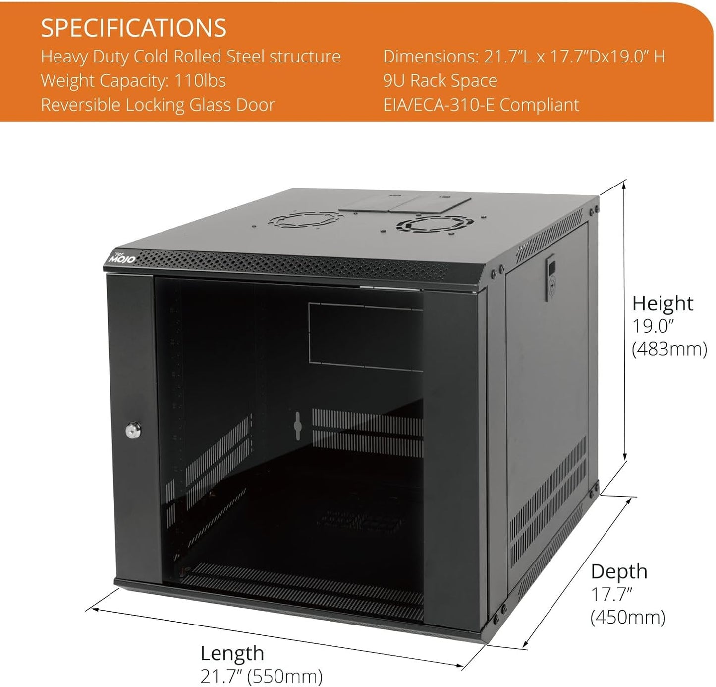 Tecmojo 9U Wall Mount Server Cabinet IT Network Rack Enclosure Lockable Door and Side Panels Black,Cooling Fan, Glass Door, 17.7inch Depth,for 19” IT Equipment, A/V Devices