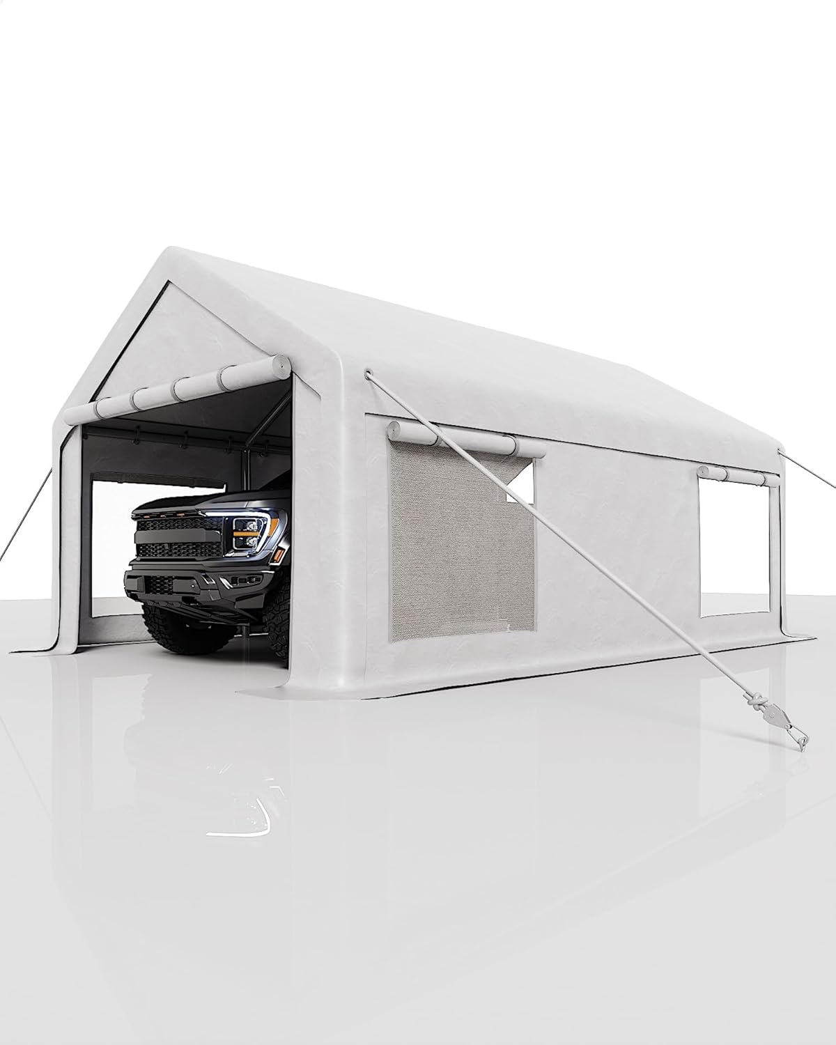 10x20 Ft Carport, Car Port with 200g PE Tarp, Roll-Up Doors, and 4 Windows, for Sedans, Bass Boats, Motos, ATVs, and SUVs, White