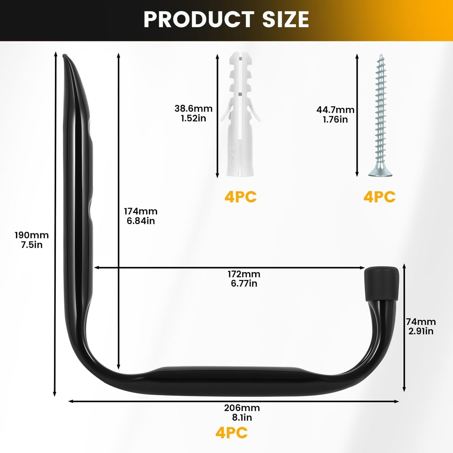 8-Pack Heavy Duty Garage Hooks for Hanging 50 lbs, 8” & 3.5” J Utility Hooks for Garage, Large Metal,Heavy Duty, Black