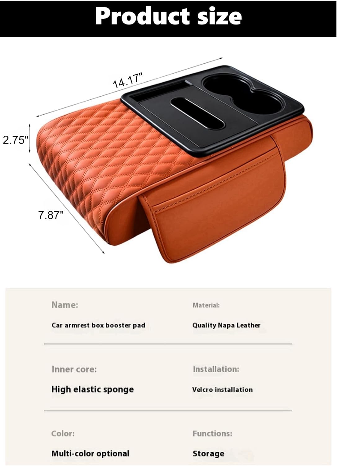 Center Console Cover Organizer, 5-In-1 Arm Rest Cover for Car with Cup Holder & Storage Pocket & Tissue Holder, Armrest Cover Cushion Pad, Water Ripples, Orange