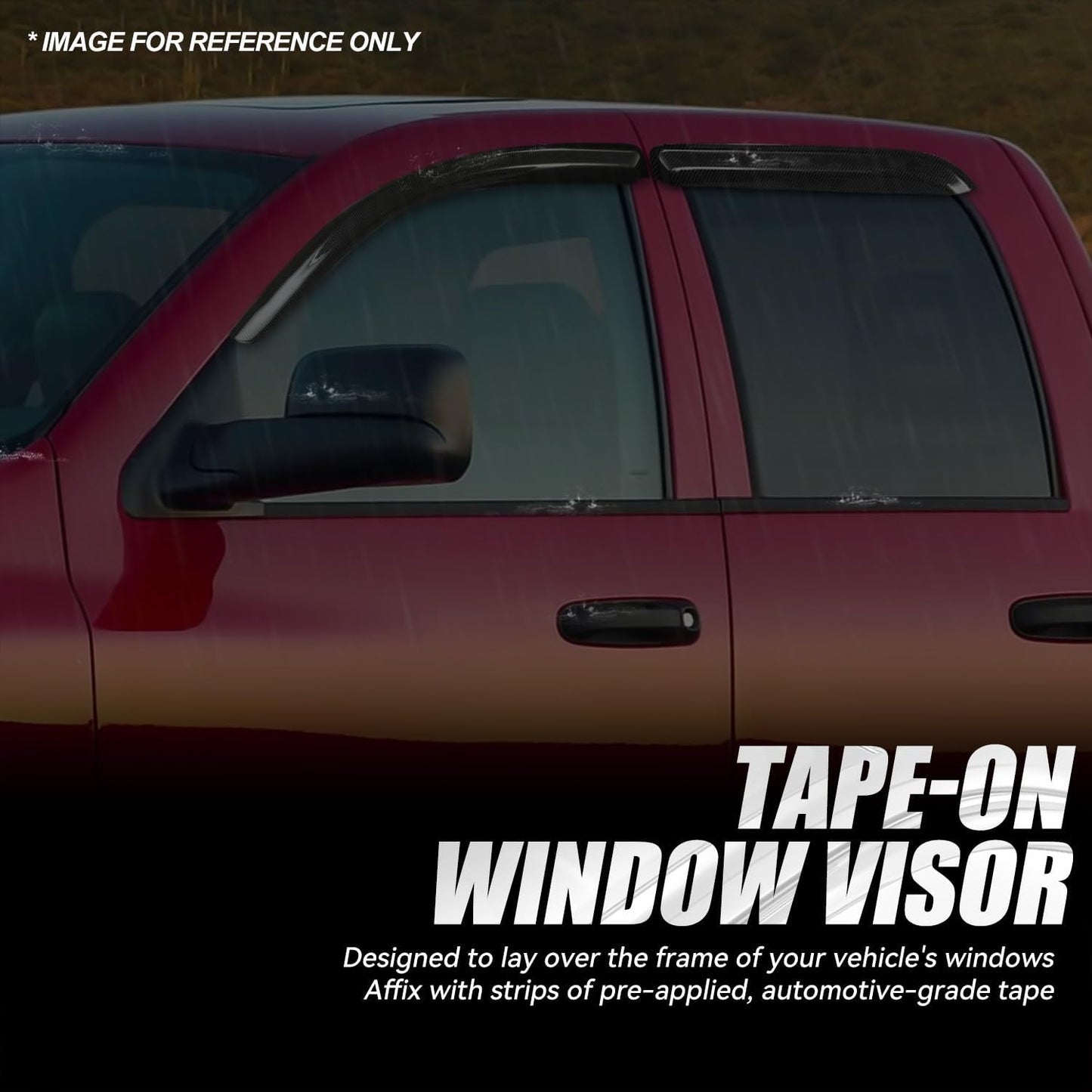 Auto Dynasty 4Pcs Carbon Fiber Pattern Window Visors Compatible with 2002-2009 Dodge Ram 1500 2500 3500 Crew Cab, Tape-On Front & Rear Window Deflectors Rain Guards Sun Side Vent Shade, Glossy Black