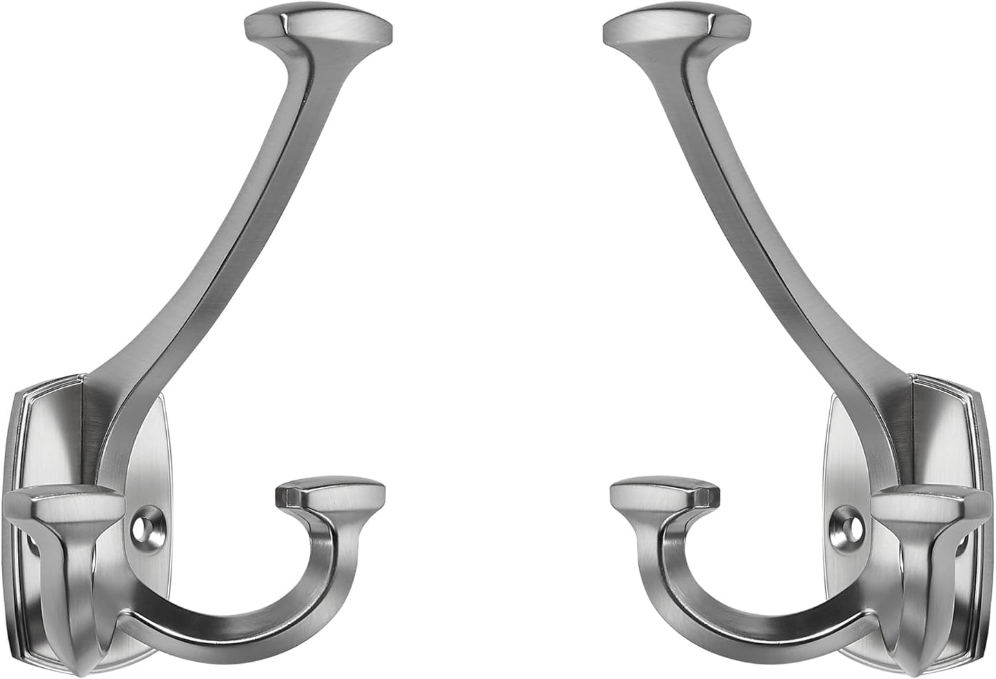 Large Wall Double-Sided Hook 2 Pack Brushed Satin Nickel Hook Decorative Heavy Duty Solid Large Coat Hooks for Towel Hanging Coats Robe Towel Bags Door Back 2 Prong Hooks