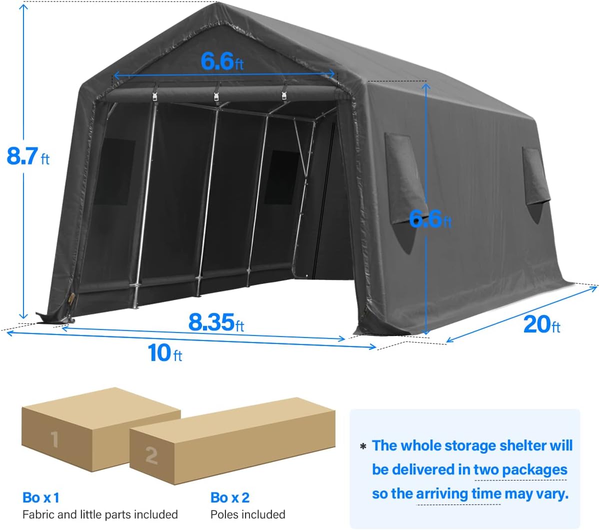 ADVANCE OUTDOOR 10X20 ft Carport Heavy Duty Outdoor Patio Portable Canopy Storage Shelter Shed with 2 Rolled up Zipper Doors & Vents for Snowmobile Garden Tools, Gray