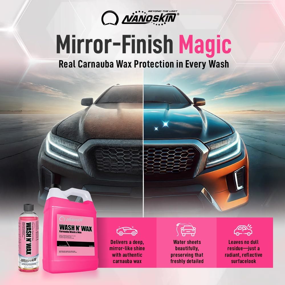 Nanoskin WASH N' WAX with Carnauba 30 gallons - Cleans & Shines in One Step | Works with Foam Cannon, Foam Gun, Bucket Washes, Pressure Washer | Carnauba Wax Protection for Cars