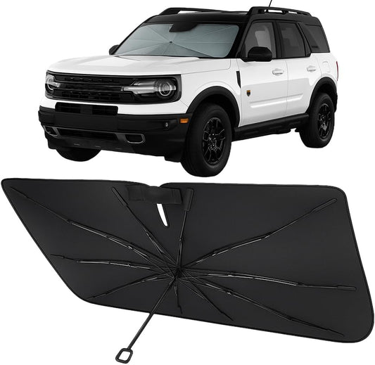 Proadsy Windshield Sun Shade Umbrella for Ford Bronco Sport 2021-2025 2026 Foldable Car Umbrella Sunshade with Soft TPU Handle Spring Structure Crystal Cooling Material Protect Car from Rays & Heat