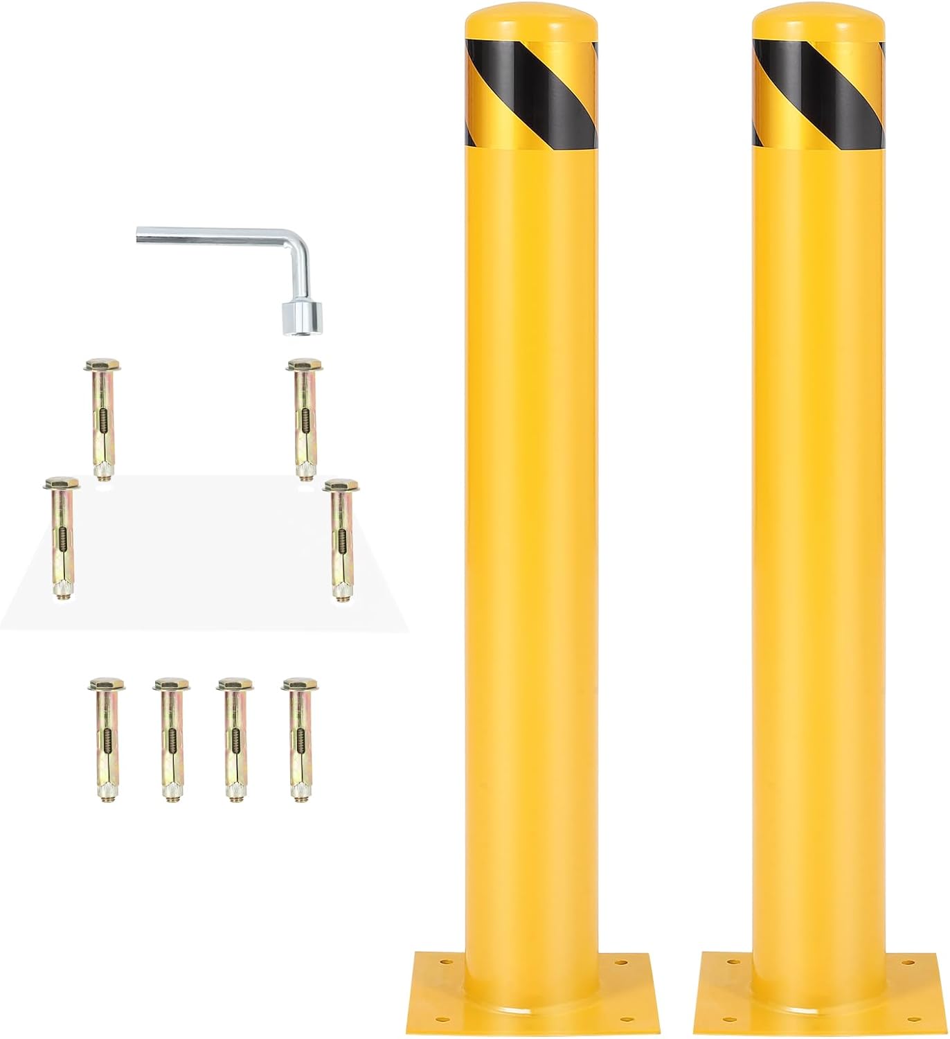 4.5x42 Inch Safety Bollard Post - Yellow Steel Bollard with Anchor Bolts (4-Pack) for Parking Lots, Walkways & Traffic Areas